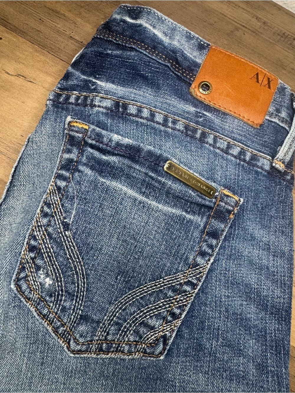 Armani Exchange Straight Leg Jeans in Blue with Tan Patch